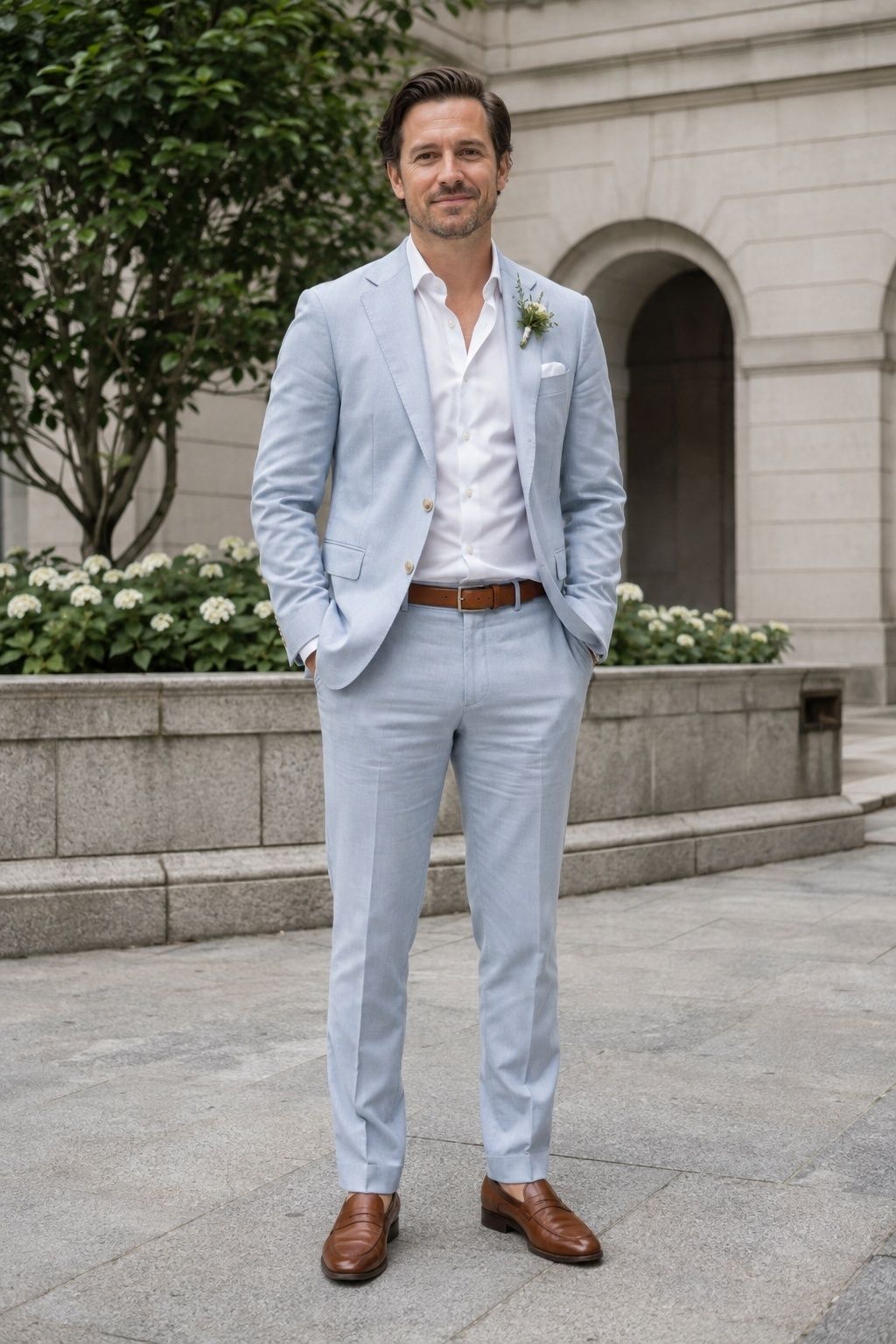 No tie pale blue groom suit with crisp white shirt and brown loafers