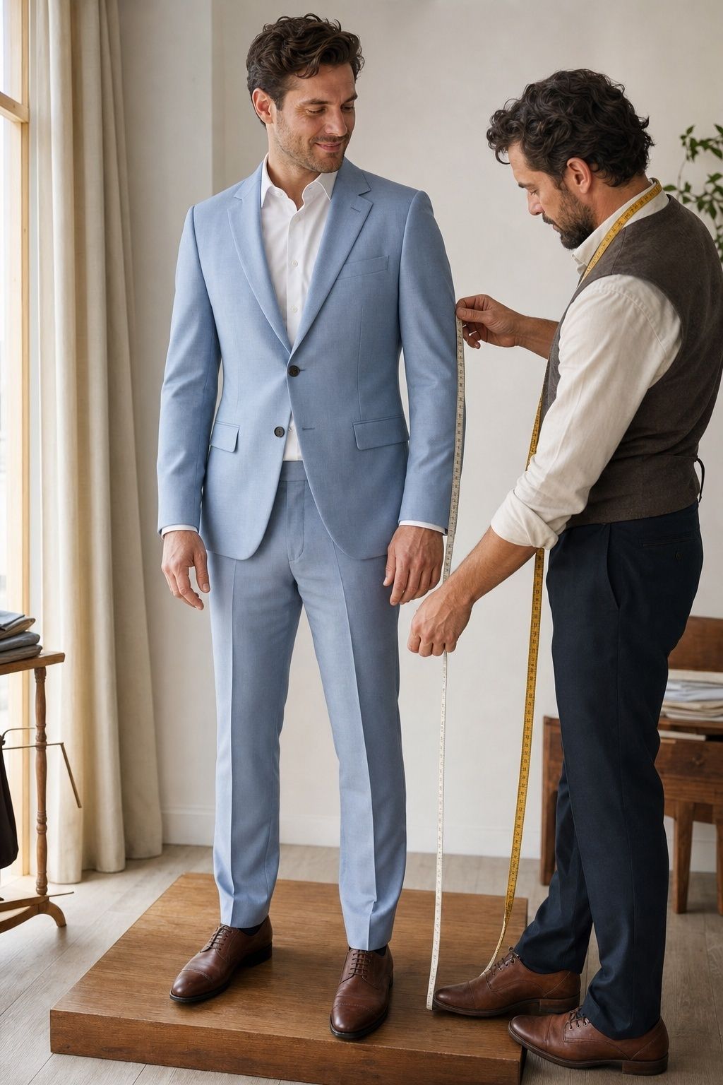Groom having a pale blue wedding suit checked during a tailor fitting