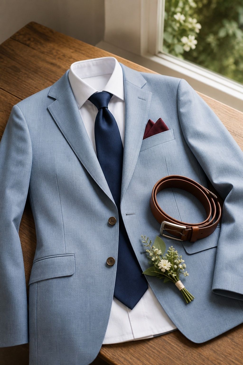 Navy burgundy brown and sage accessories with a pale blue wedding suit