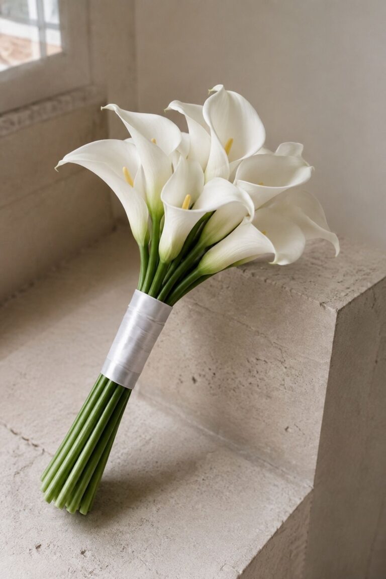 White Calla Lily Bouquet With Silk Ribbon for lilies wedding bouquet ideas