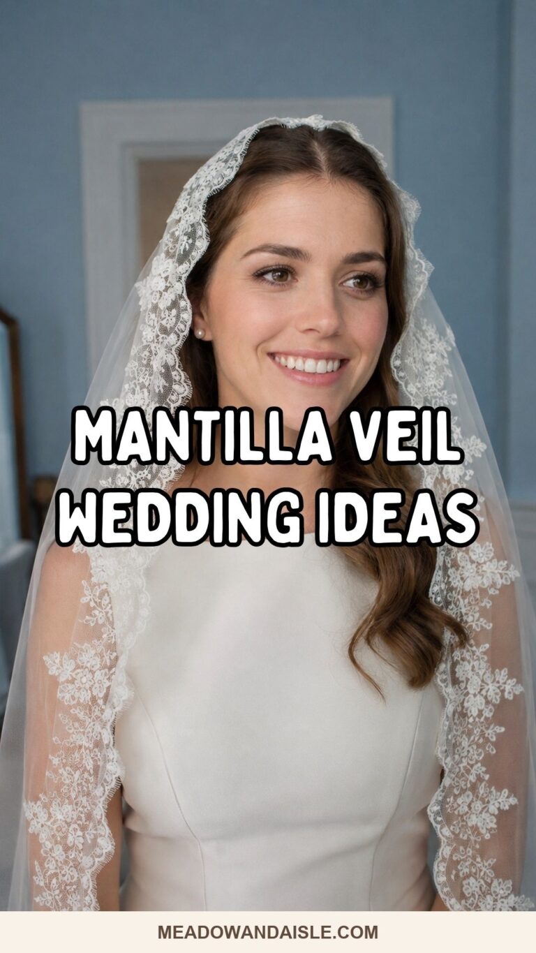 Mantilla veil wedding ideas pin with a lace-framed bridal portrait