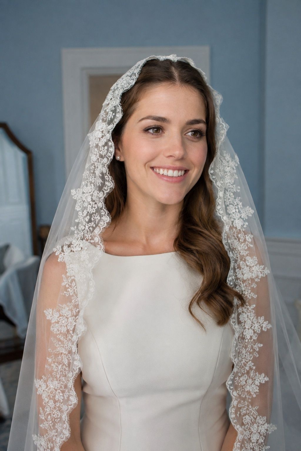 Bride wearing a classic lace mantilla over a smooth ivory gown