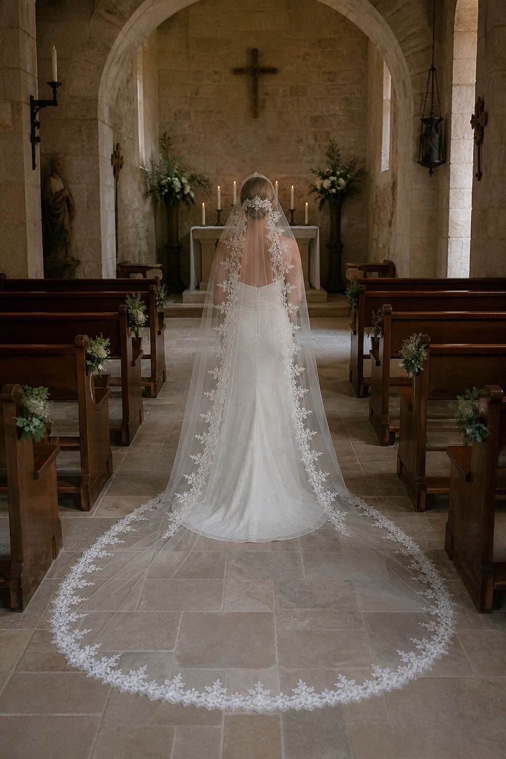 Cathedral lace mantilla extending along a small stone chapel aisle