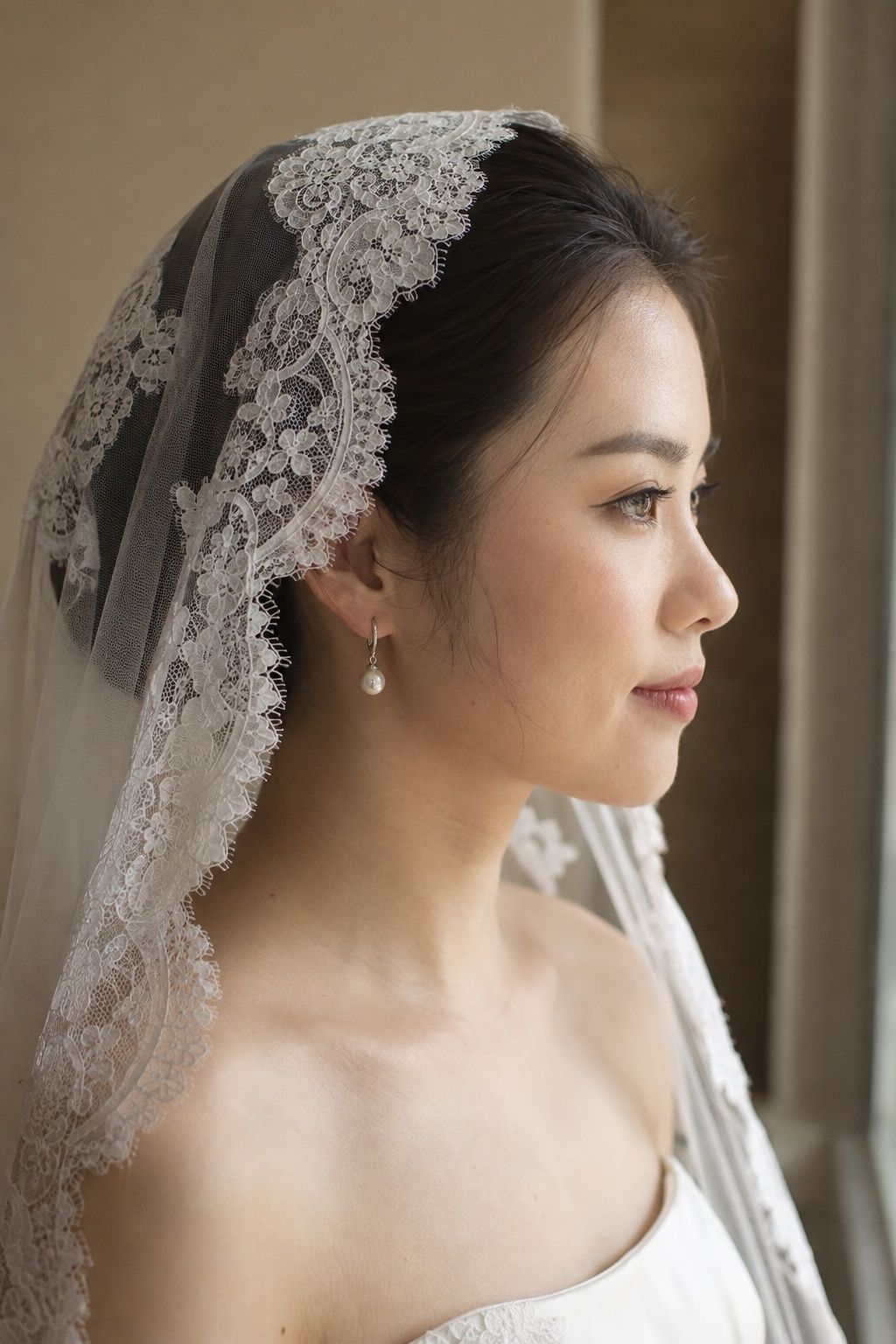 Pearl drop earring beside a delicate lace mantilla edge