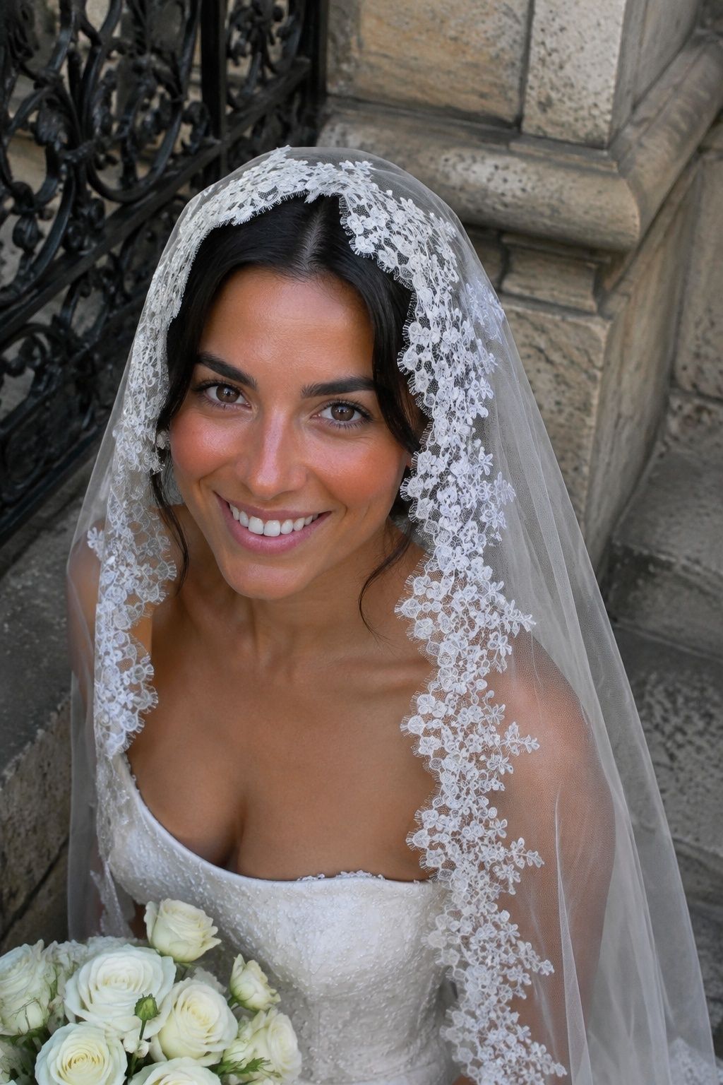Close bridal portrait framed by a scalloped mantilla edge