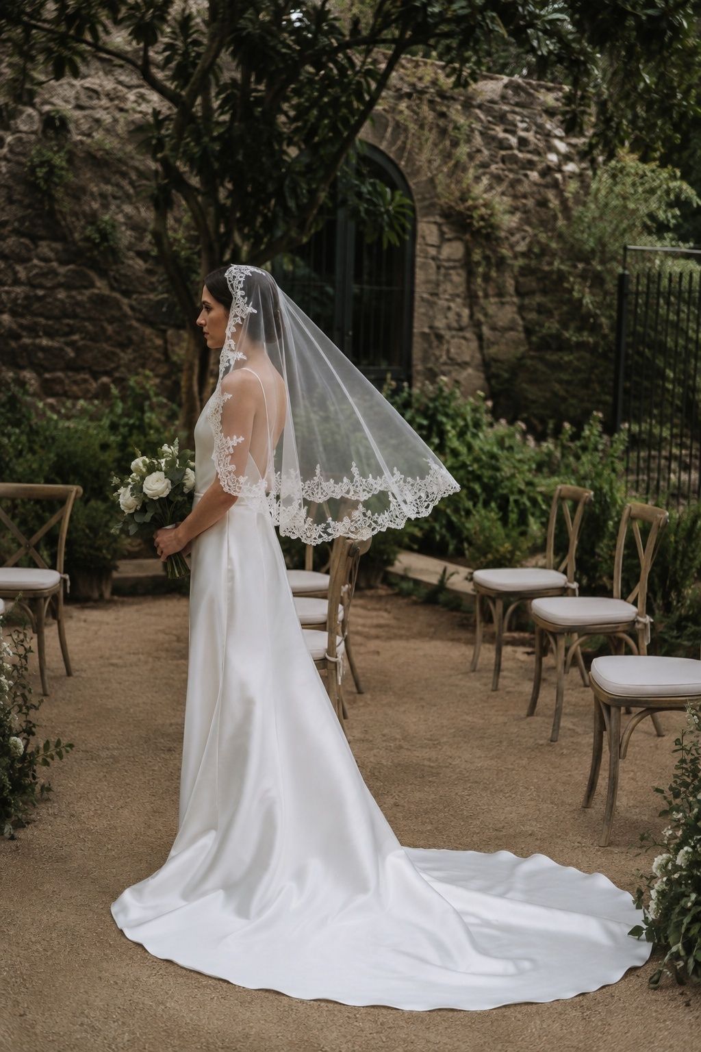 Short lace mantilla lifting gently in a sheltered garden aisle