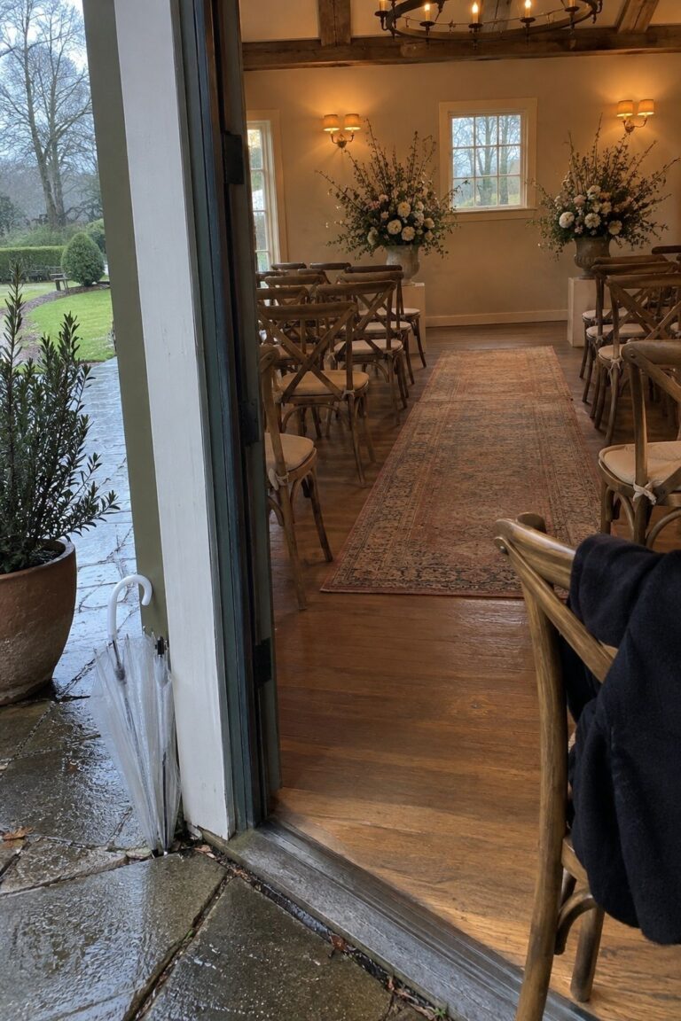 Rainy March wedding lawn beside a warm indoor ceremony backup with chairs and floral urns