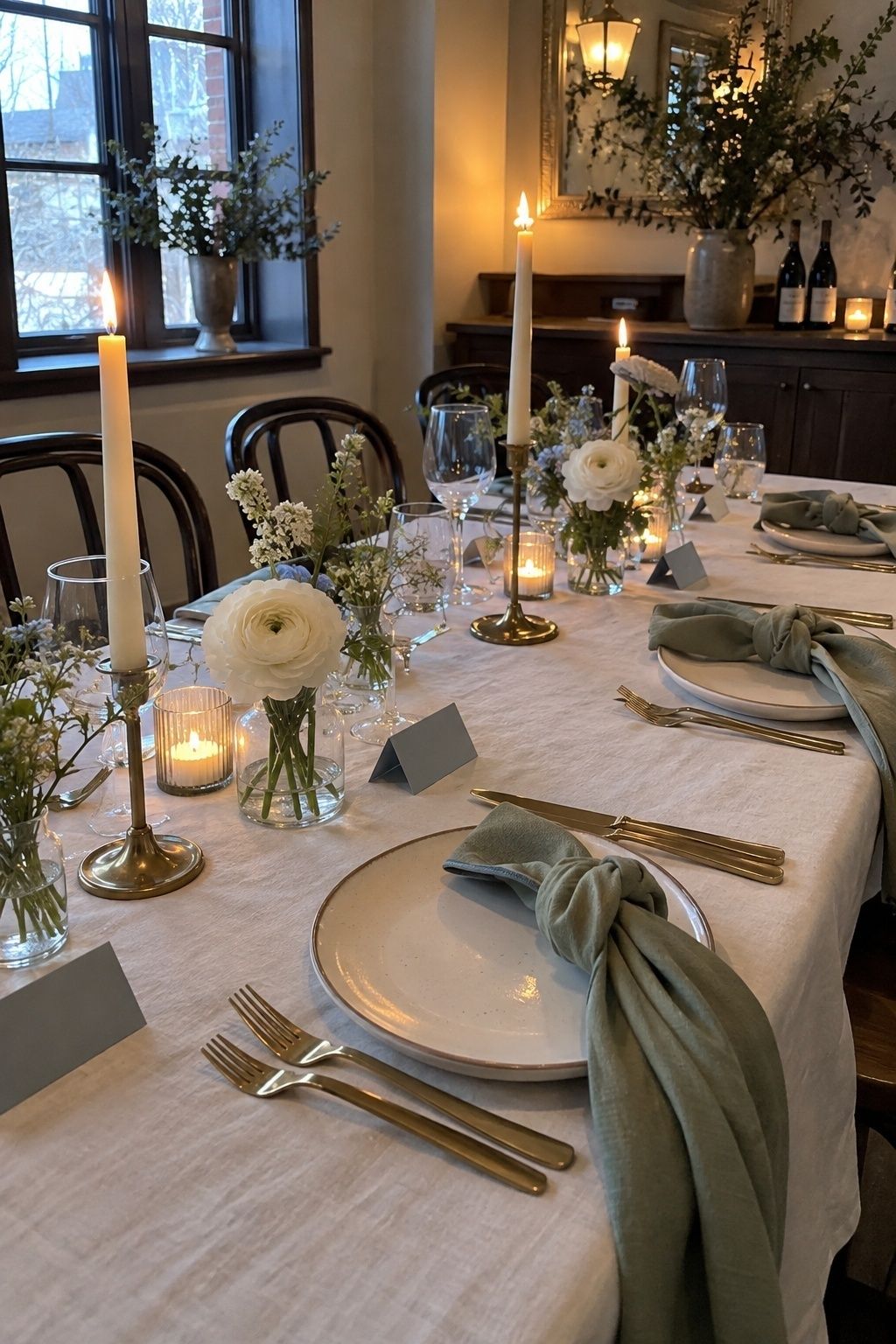 Dusty blue and sage March wedding table with ivory flowers and brass candles