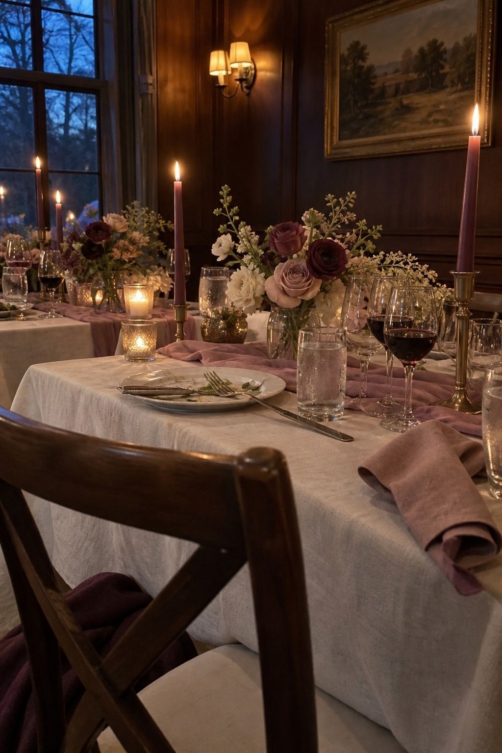 Mauve and plum March wedding table in a warm dark-wood dining room
