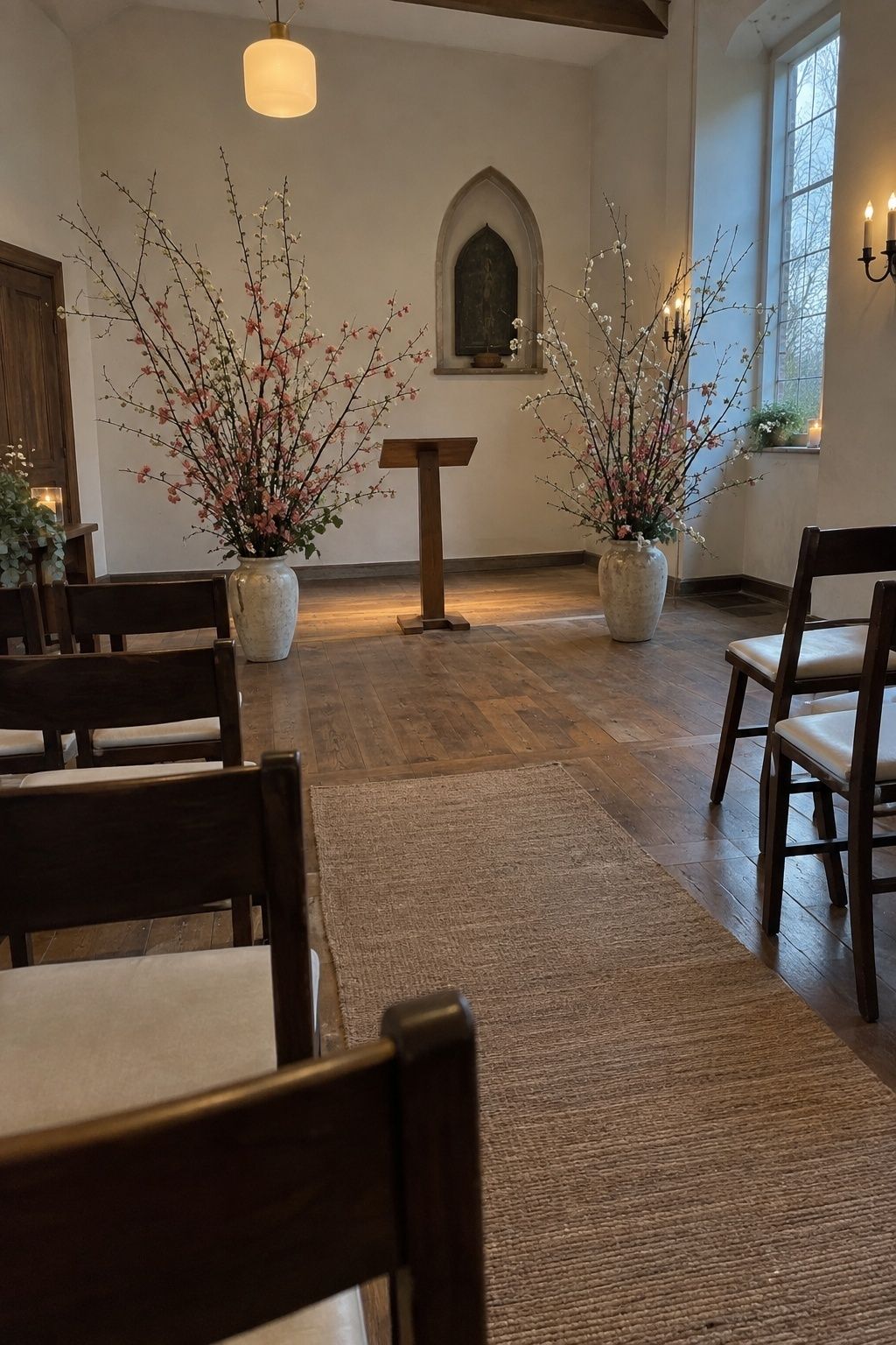 Flowering branch ceremony backdrop in a small March wedding chapel