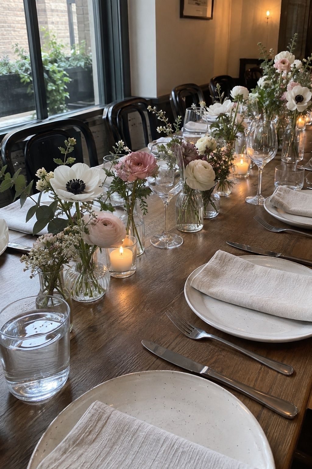 Ranunculus and anemone bud vases along an intimate wedding table