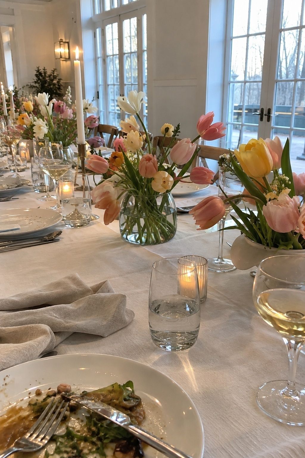 Relaxed tulip-filled March wedding reception table