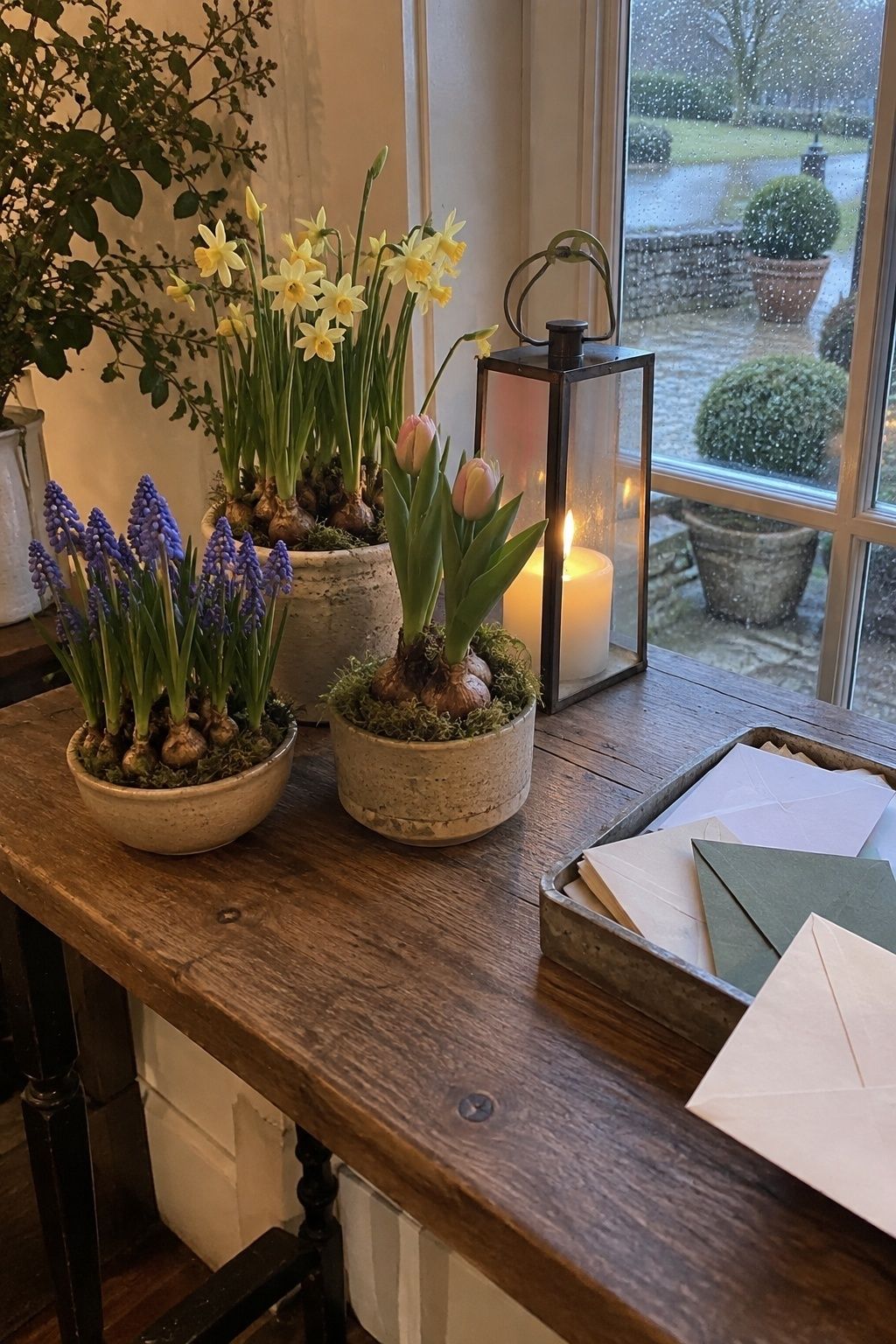 Potted spring bulbs on a rainy March wedding entry table