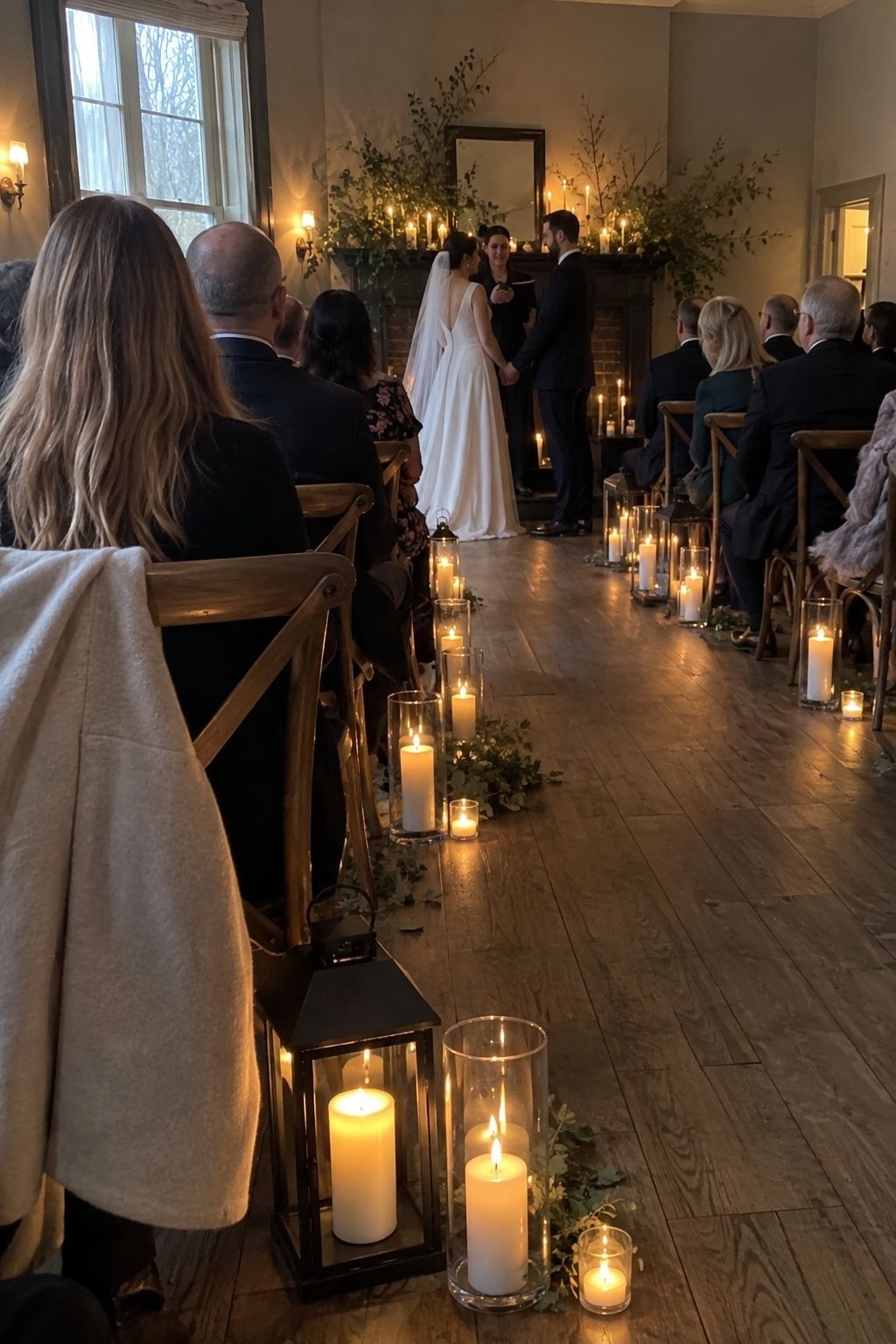 Candlelit indoor March wedding ceremony with protected aisle candles
