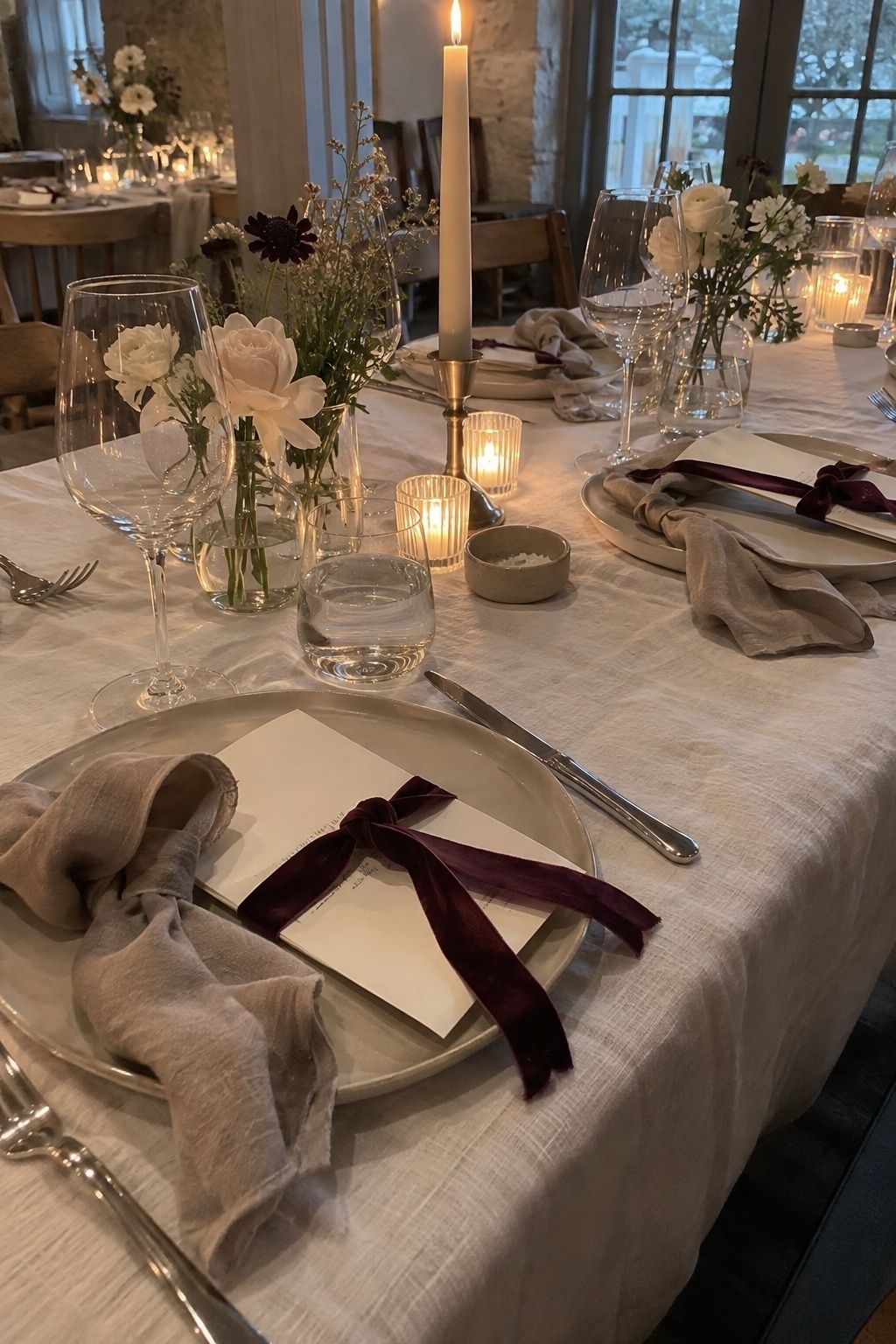 Plum velvet ribbon layered with ivory linen on a March wedding table