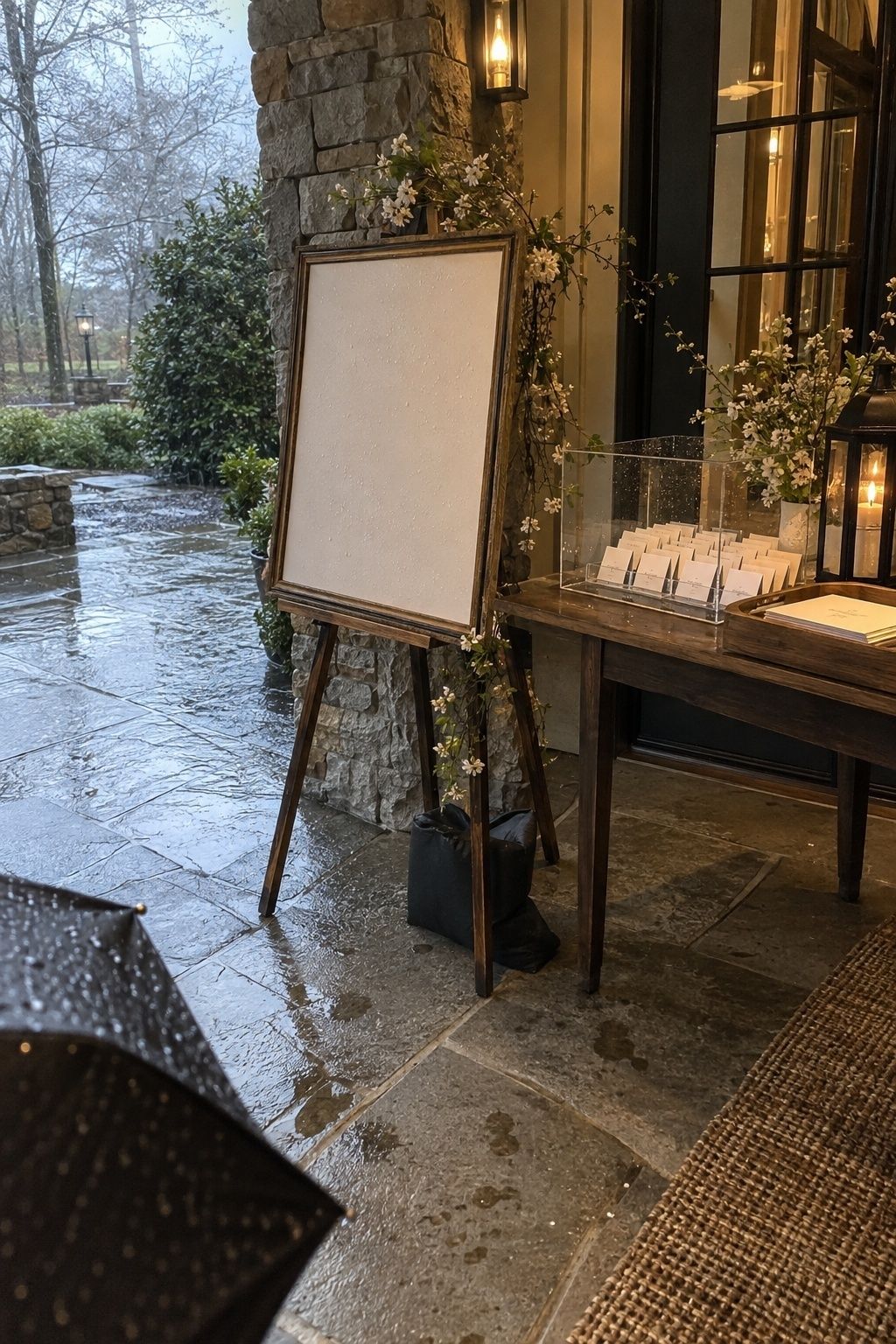 Rain-safe March wedding welcome display under a covered entrance