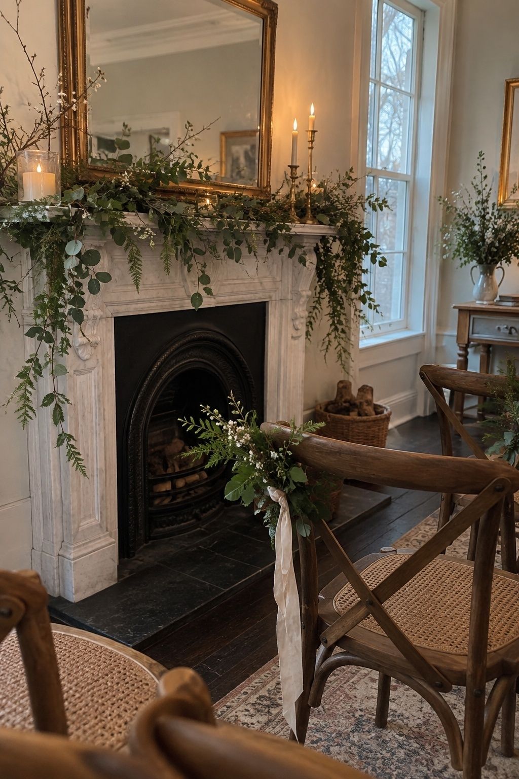 Light greenery with fresh spring shoots on March wedding chairs and mantel