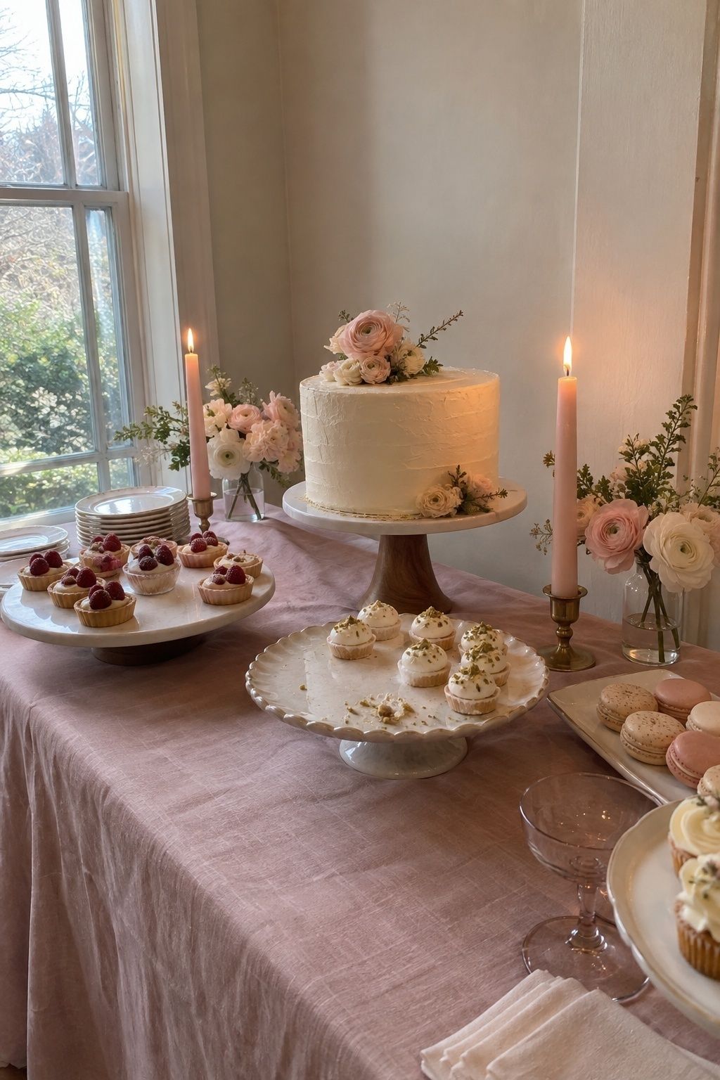 Blush and ivory March wedding dessert table by a bright window