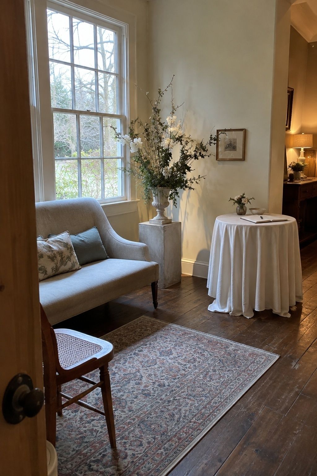 Window-light photo corner for a rainy March wedding reception