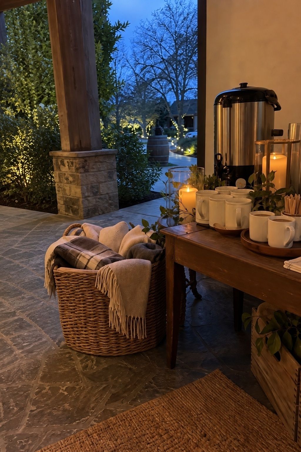 Warm guest comfort station with blankets and hot drinks at a March wedding