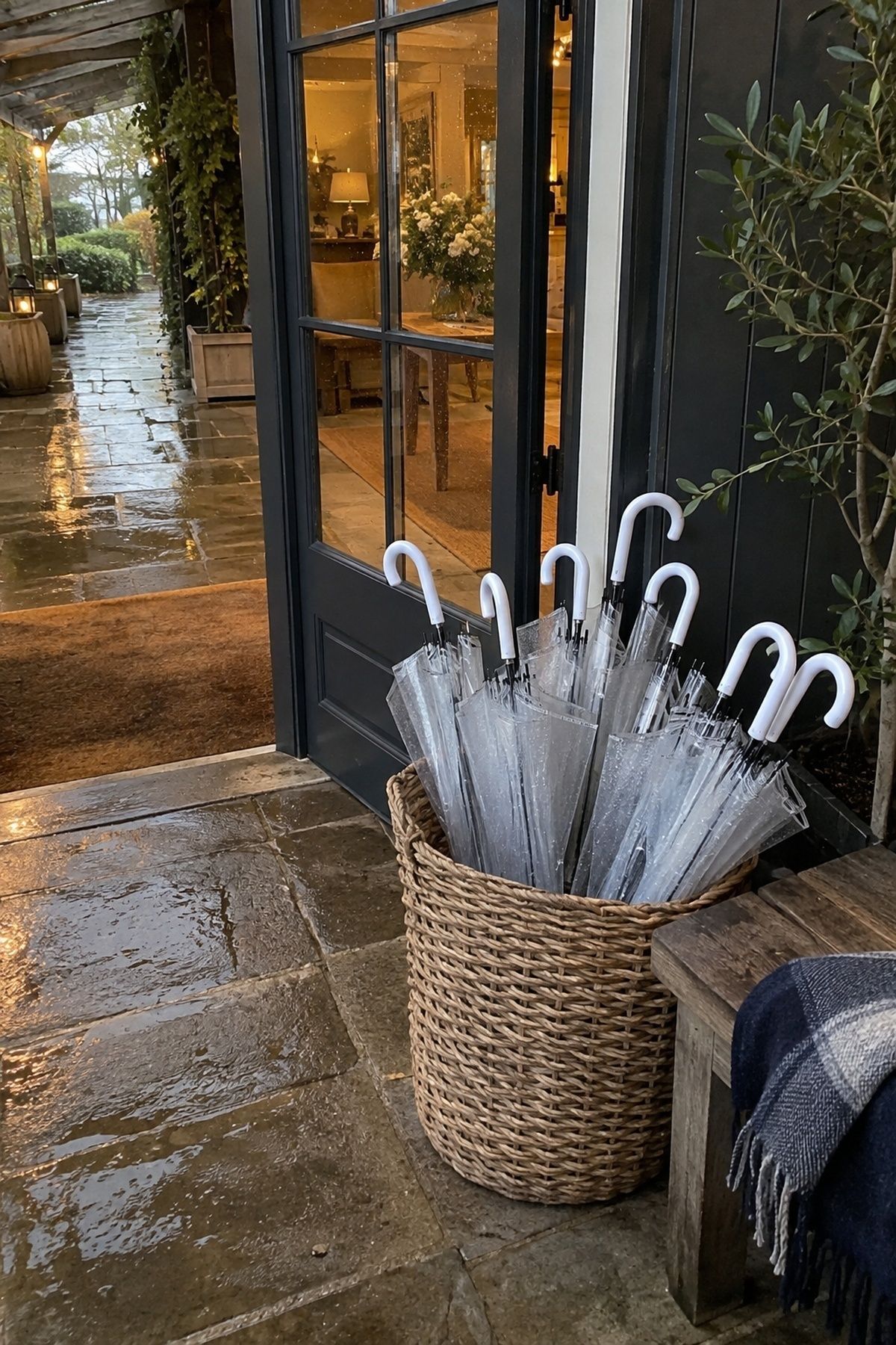 Basket of clear umbrellas for guests
