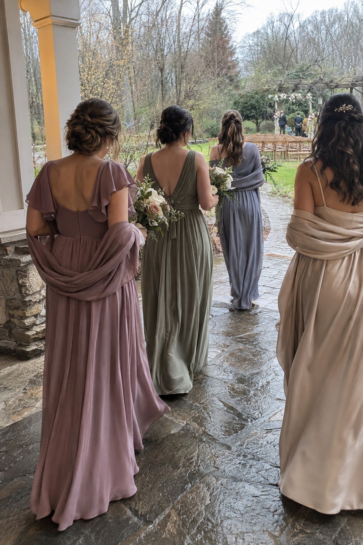 Bridesmaids in a muted floral palette