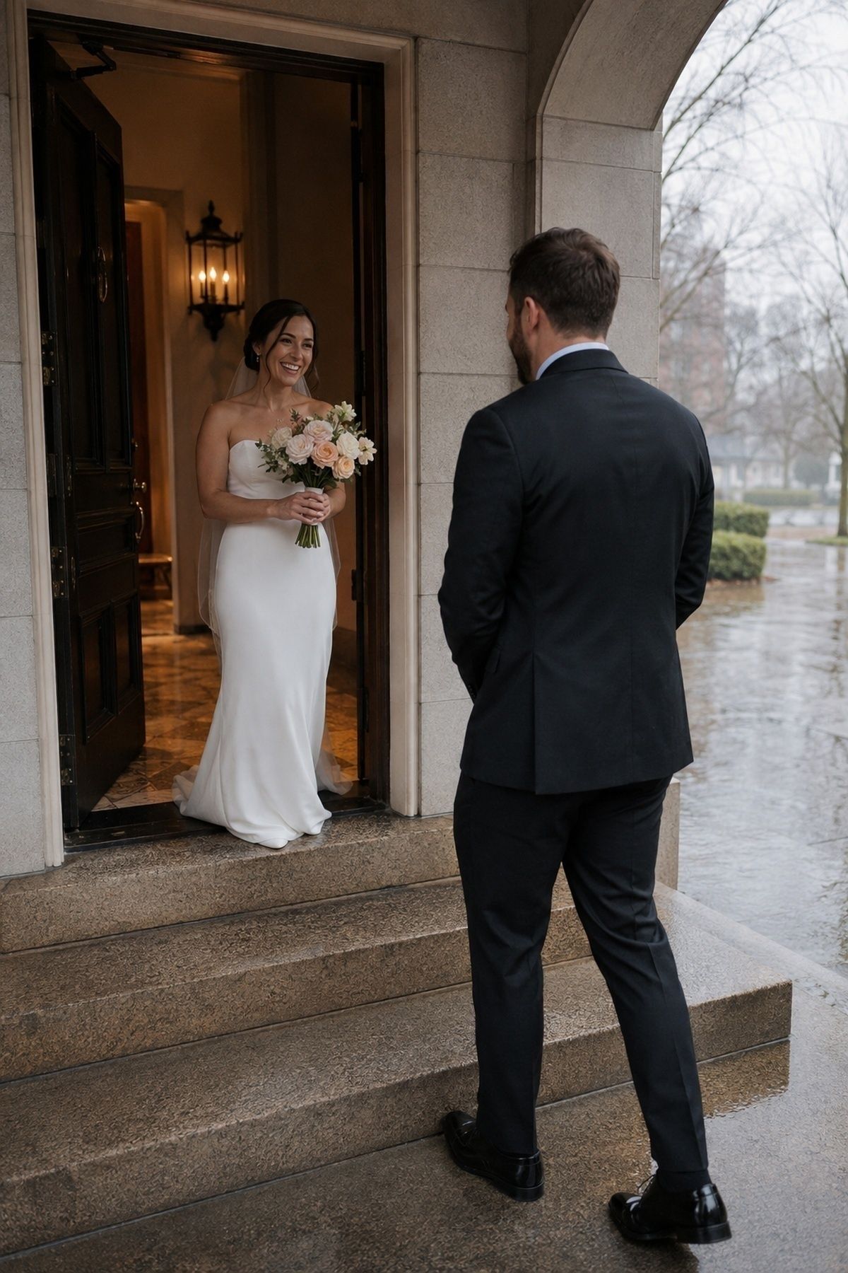 March wedding first look under a covered entry with wet stone steps and soft rain outside