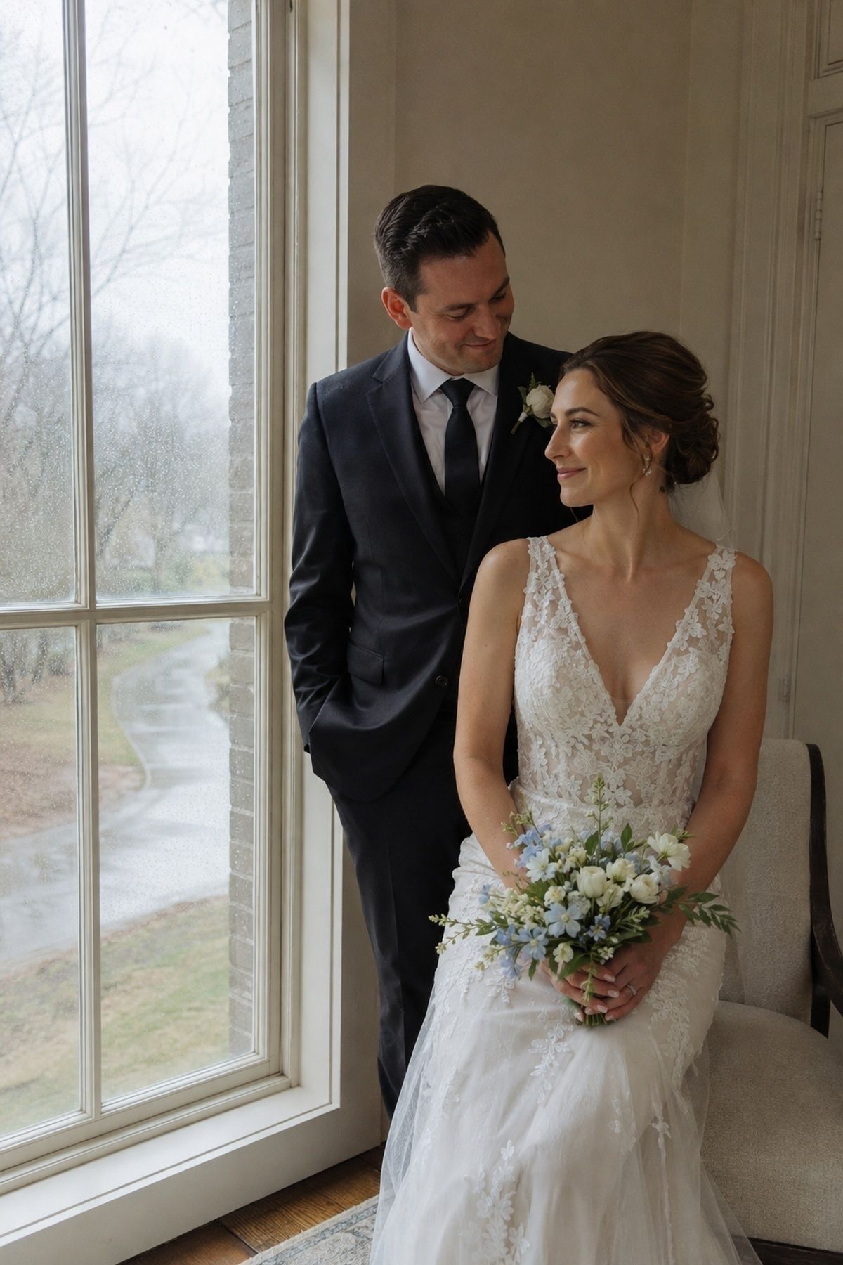 March wedding couple portrait beside a window during gray rainy weather