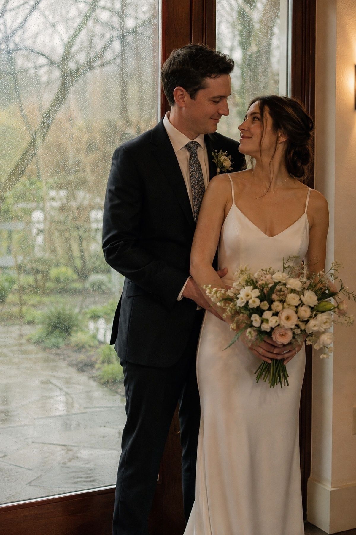 March wedding couple indoors with rain on glass behind them