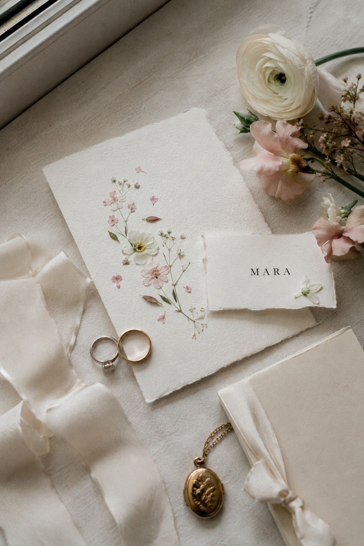 March wedding flat lay with pressed flowers, rings, cream ribbon, heirloom locket, and Mara place card