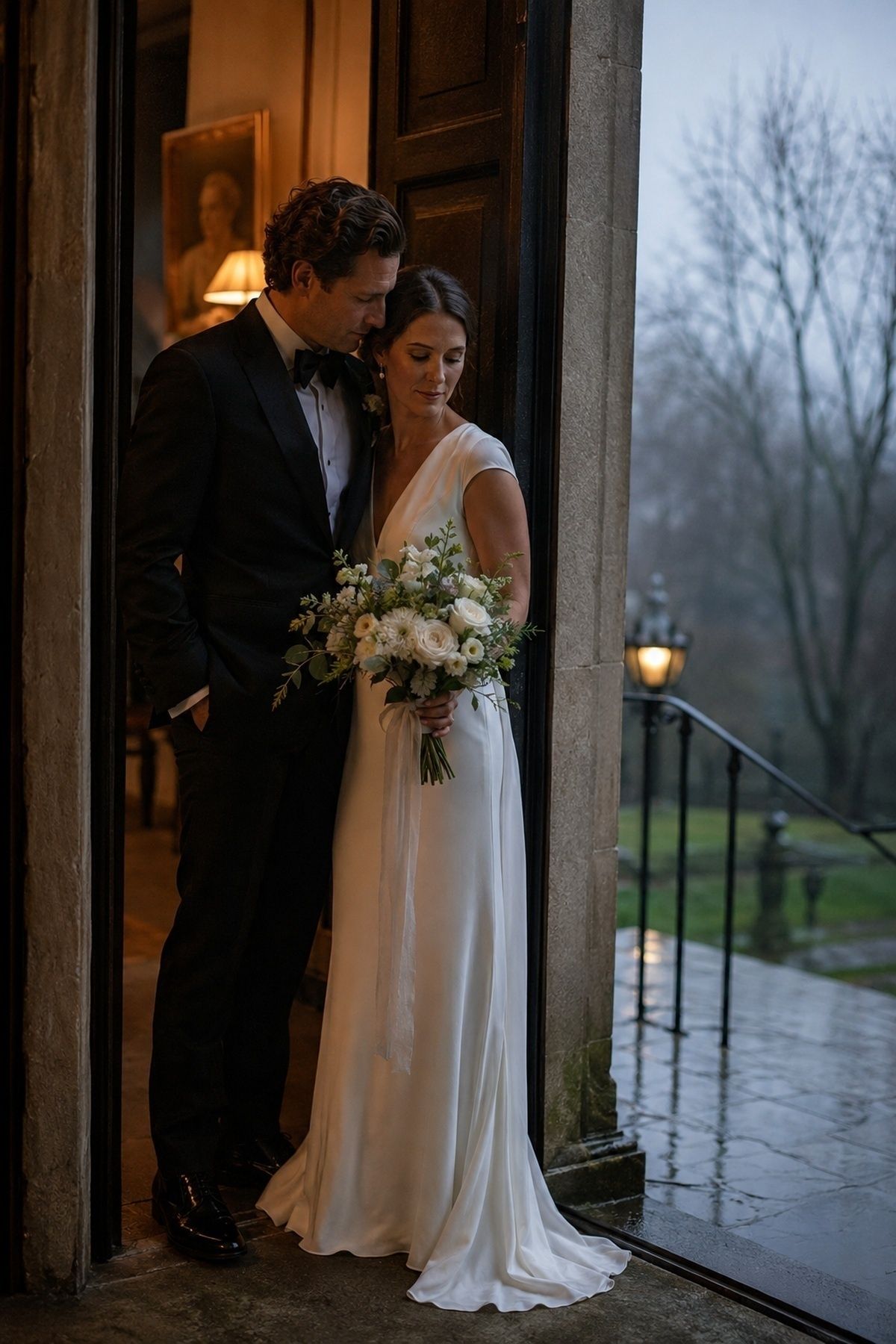 March wedding doorway portrait with warm interior light and misty blue rain outside