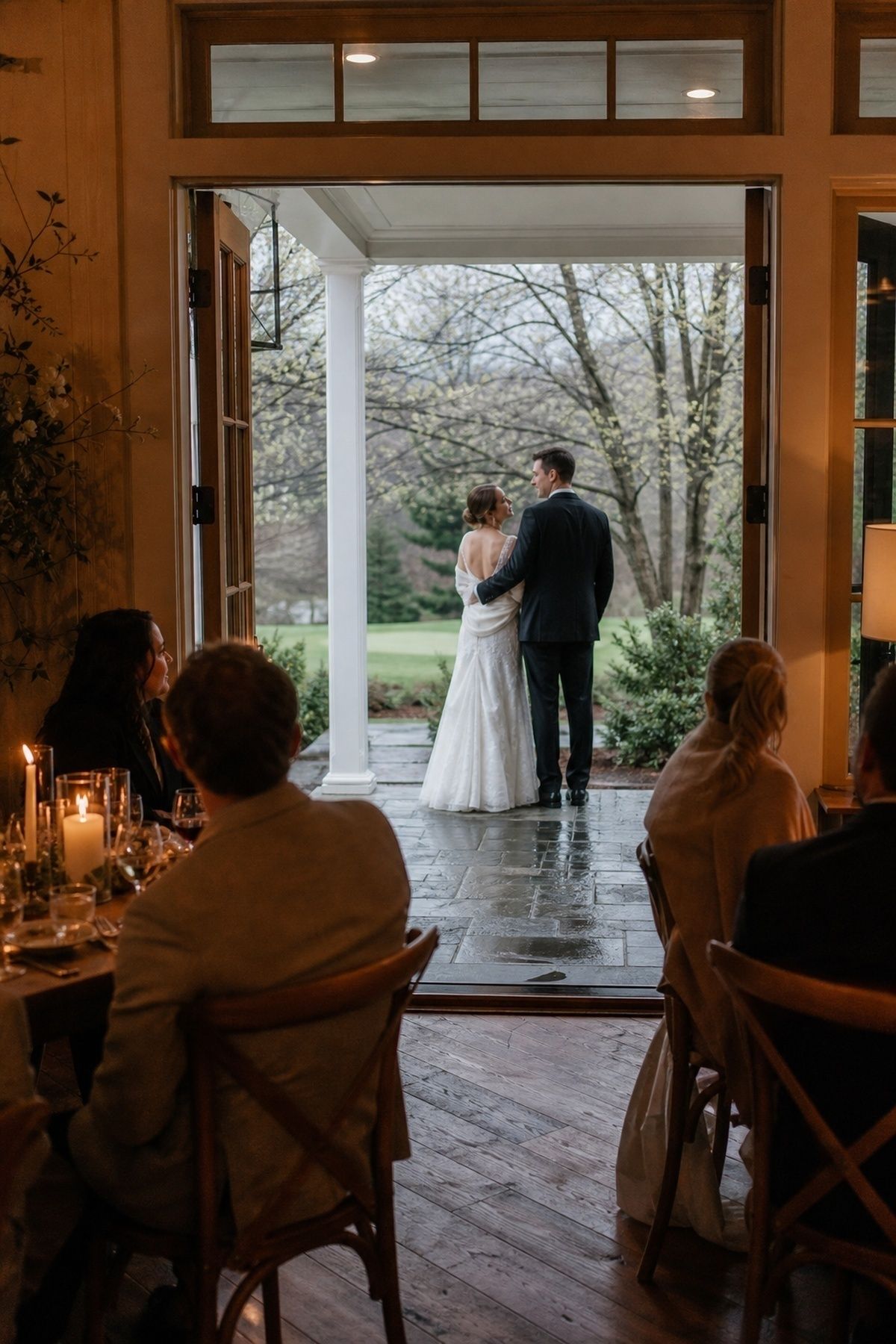 Indoor reception with outdoor spots for photos
