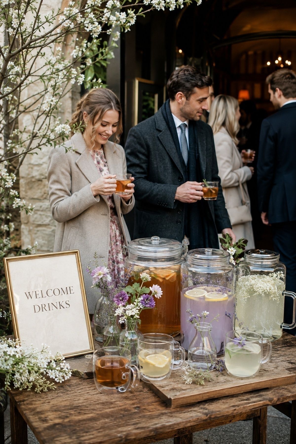 Warm or floral welcome drink for arriving guests
