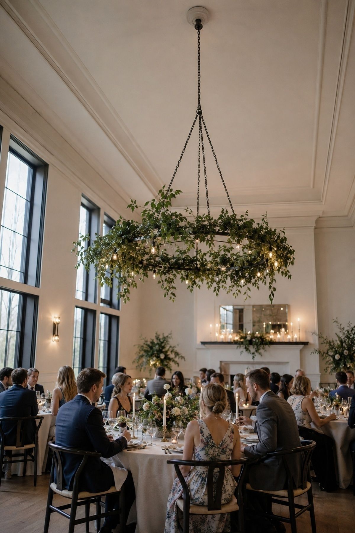 Greenery chandelier over a reception table