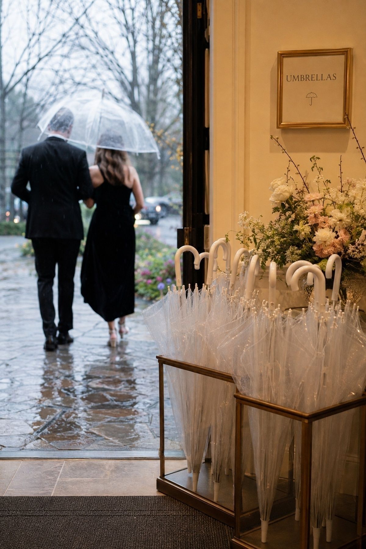 Clear umbrellas set out for guests