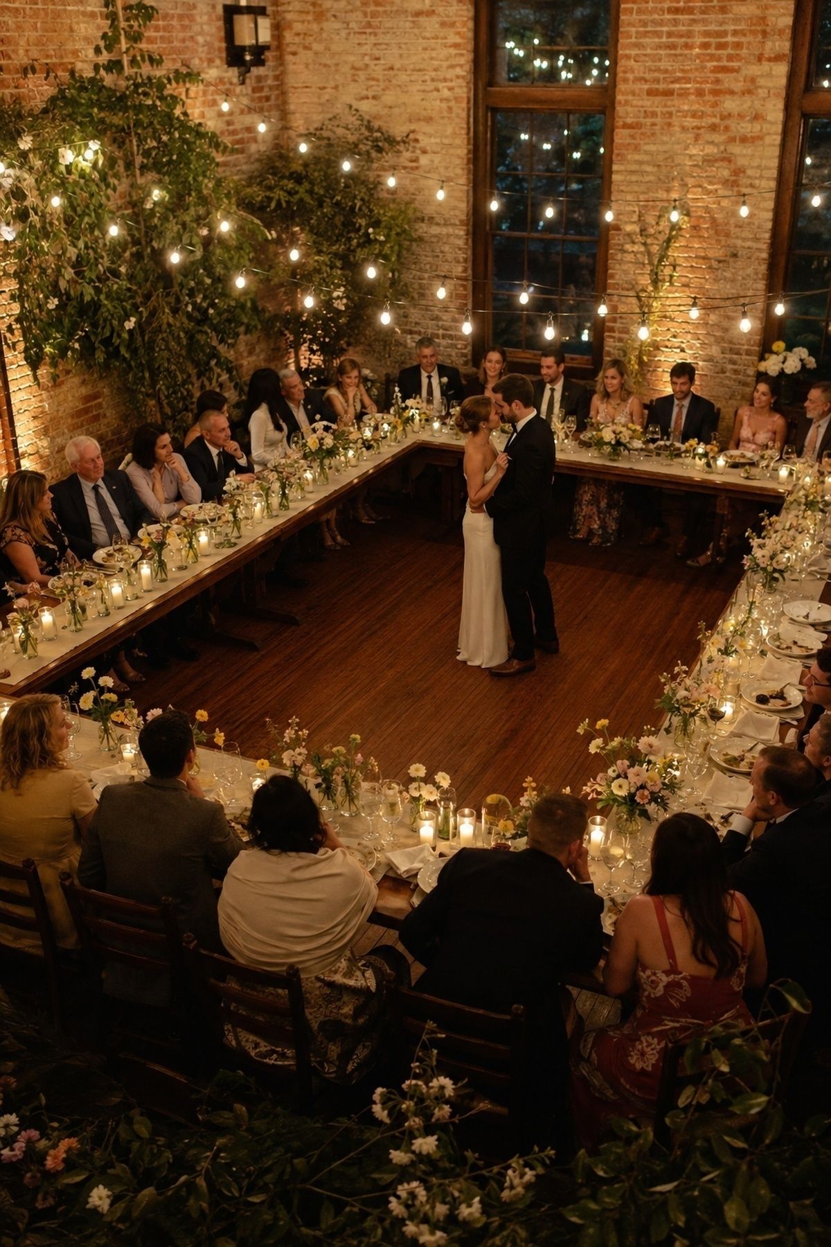 Guests seated close together at dinner