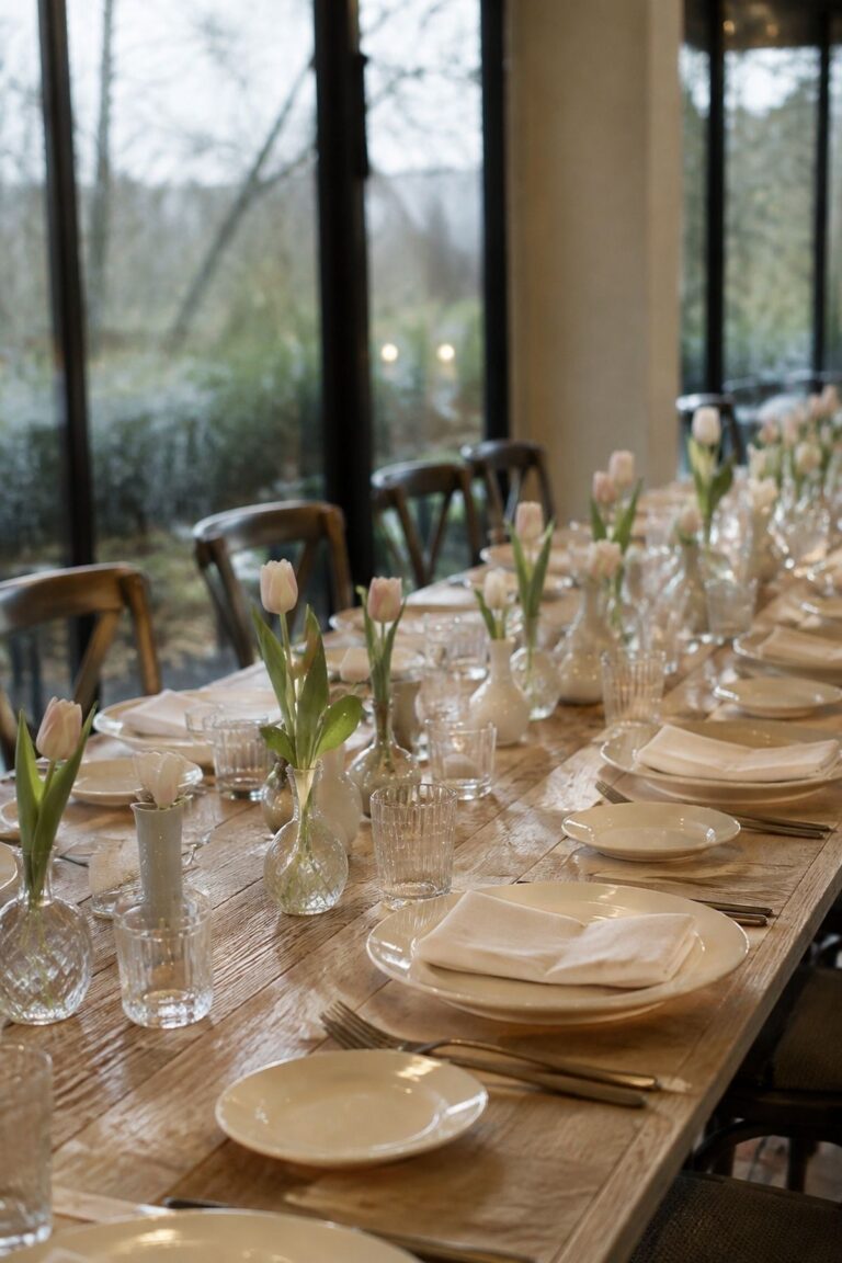 Use low tulip bud vases down the table March wedding tablescape idea