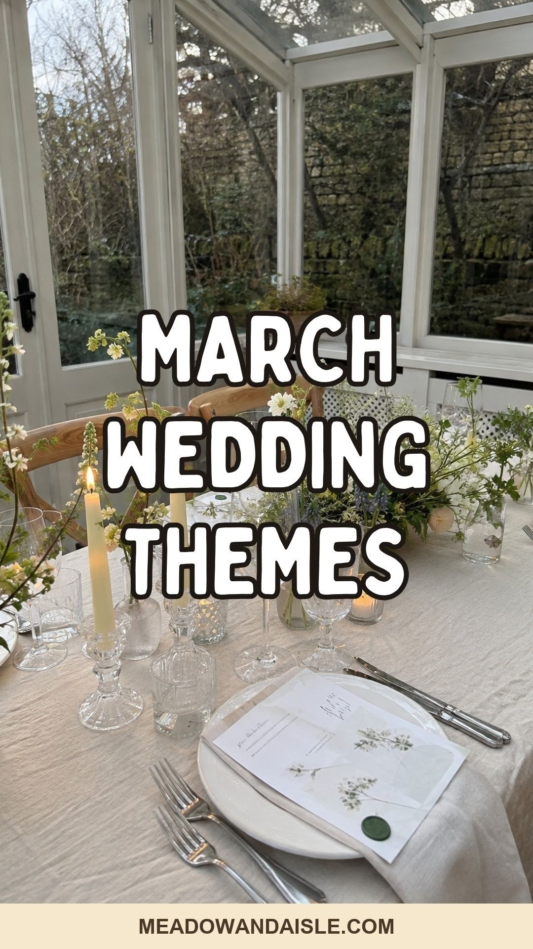 Pinterest pin for March wedding theme ideas with early spring dinner photo background