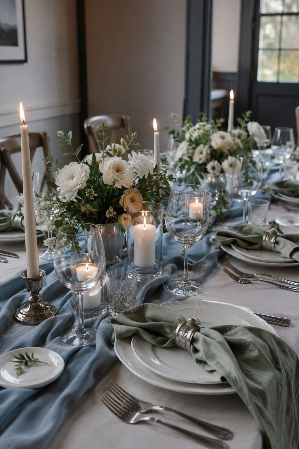 Dusty blue and sage romantic wedding styling