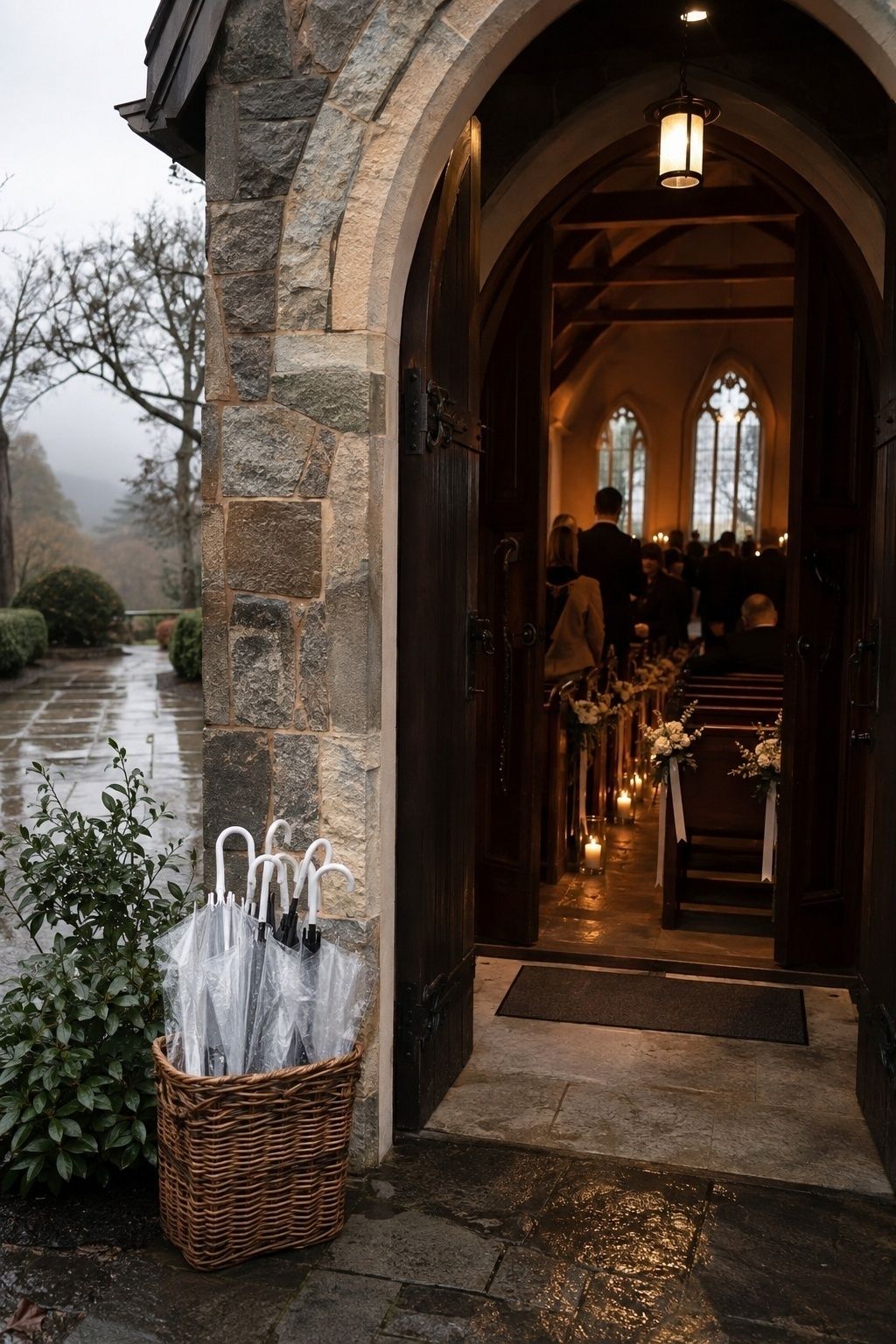 Rainy-day chapel wedding in early spring