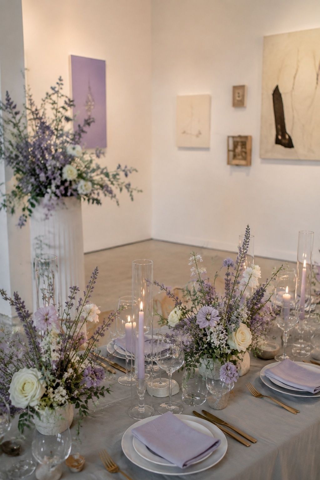 Soft lavender reception in an art gallery
