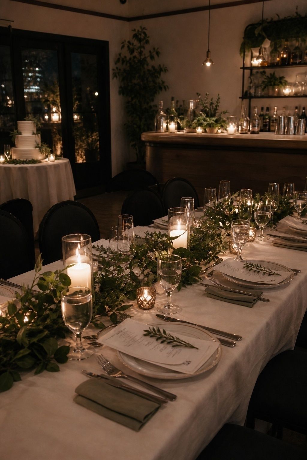 Candlelit dinner with fresh green accents