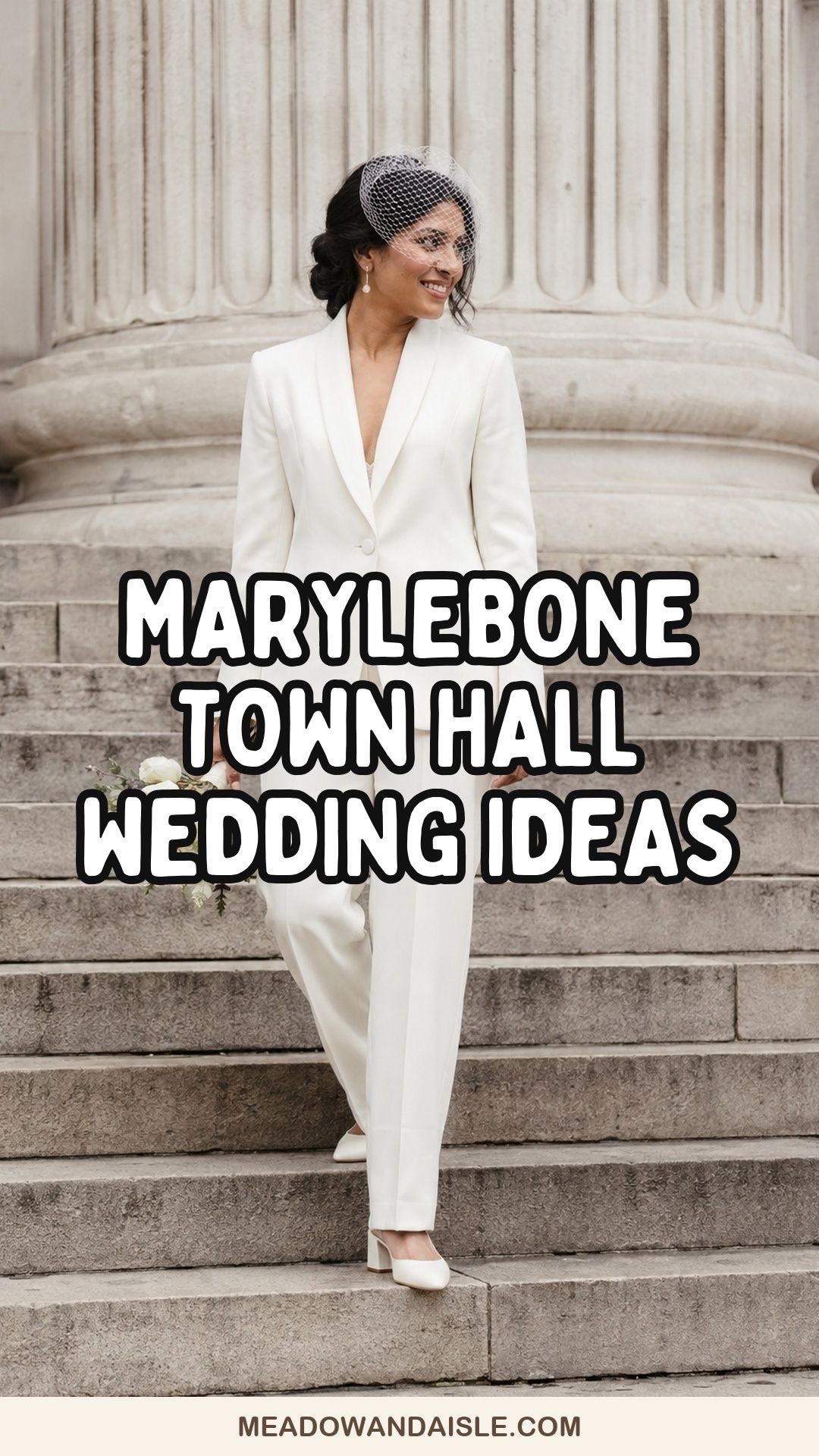 Marylebone Town Hall wedding ideas pin with a bride in an ivory suit on stone steps