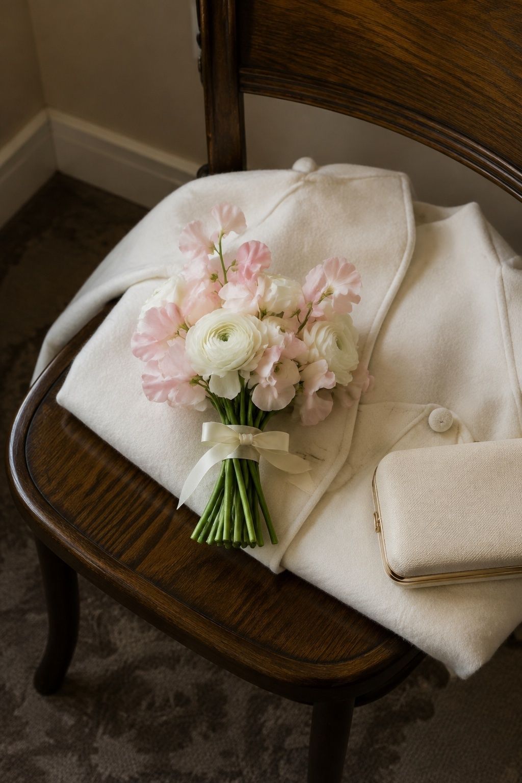 Petite ivory and pink bouquet beside a bridal clutch on an ivory jacket