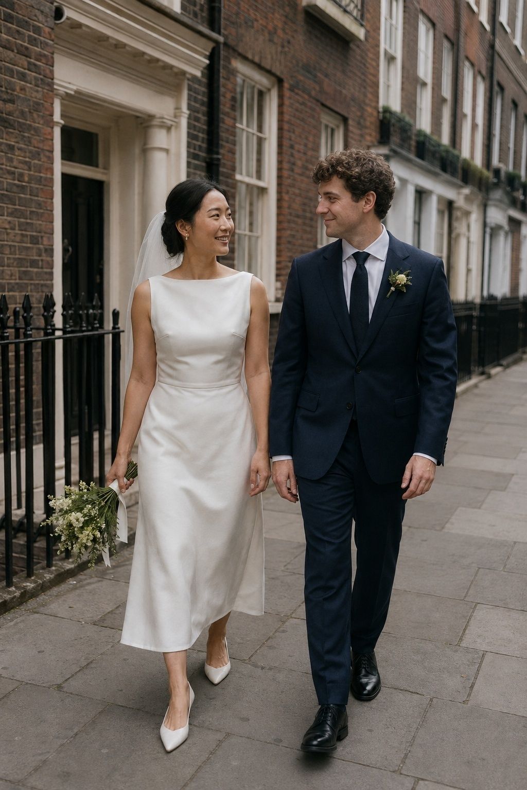 Newlyweds walking beside brick terraces and iron railings on a quiet London street