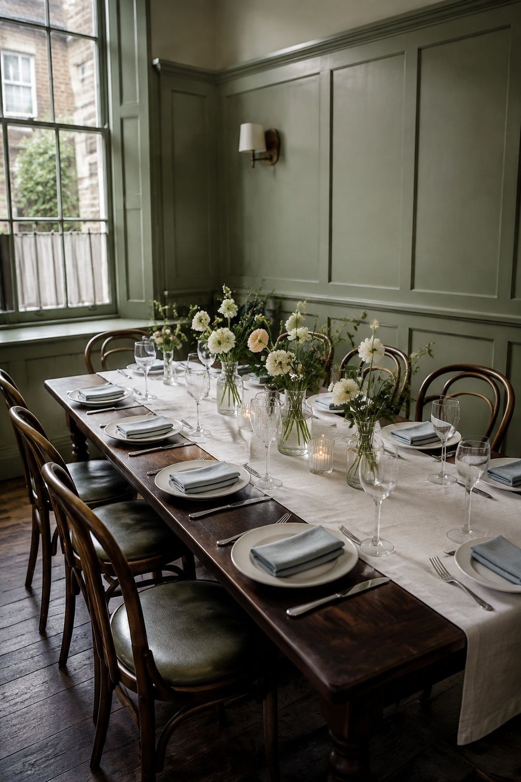 Intimate restaurant wedding table with pale blue napkins and small flower vases