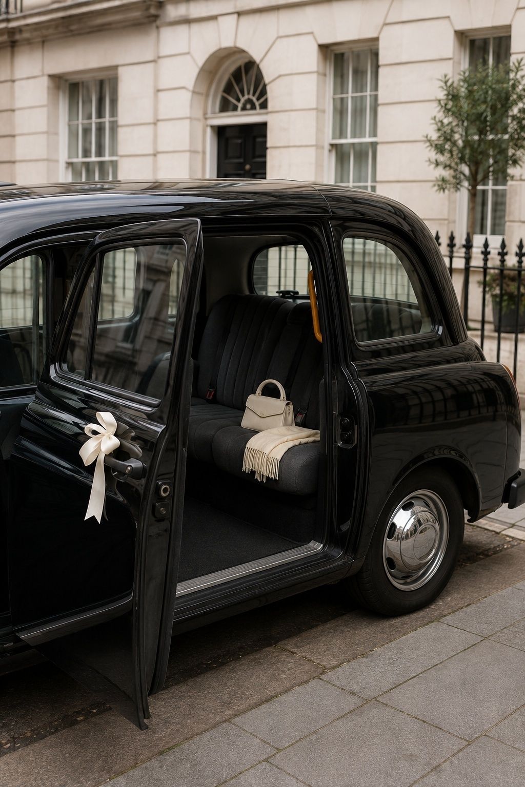 Open London taxi with an ivory bag and shawl ready for the wedding journey