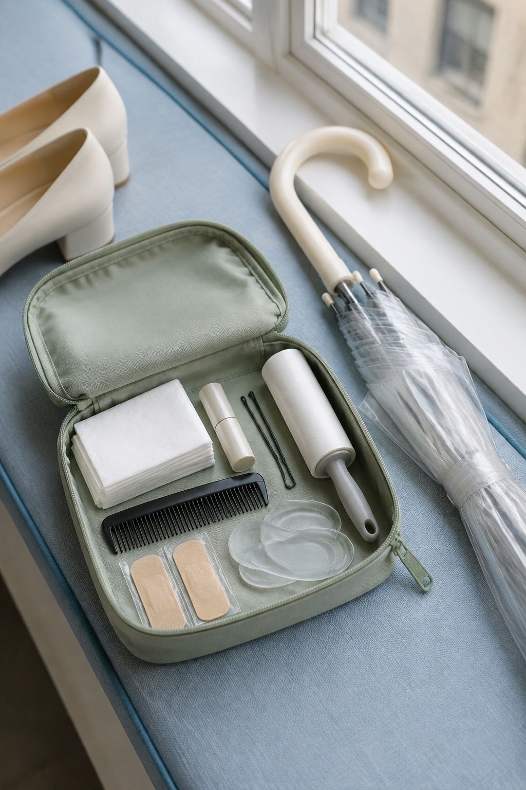 Small wedding emergency pouch with tissues, comb, plasters and clear umbrella