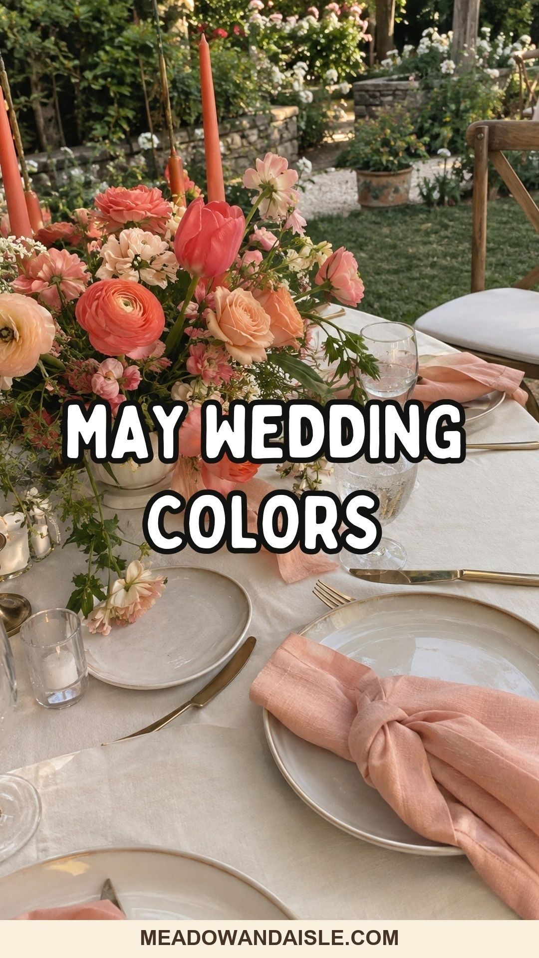 May wedding colors Pinterest pin with coral and peach flowers on a cream garden reception table