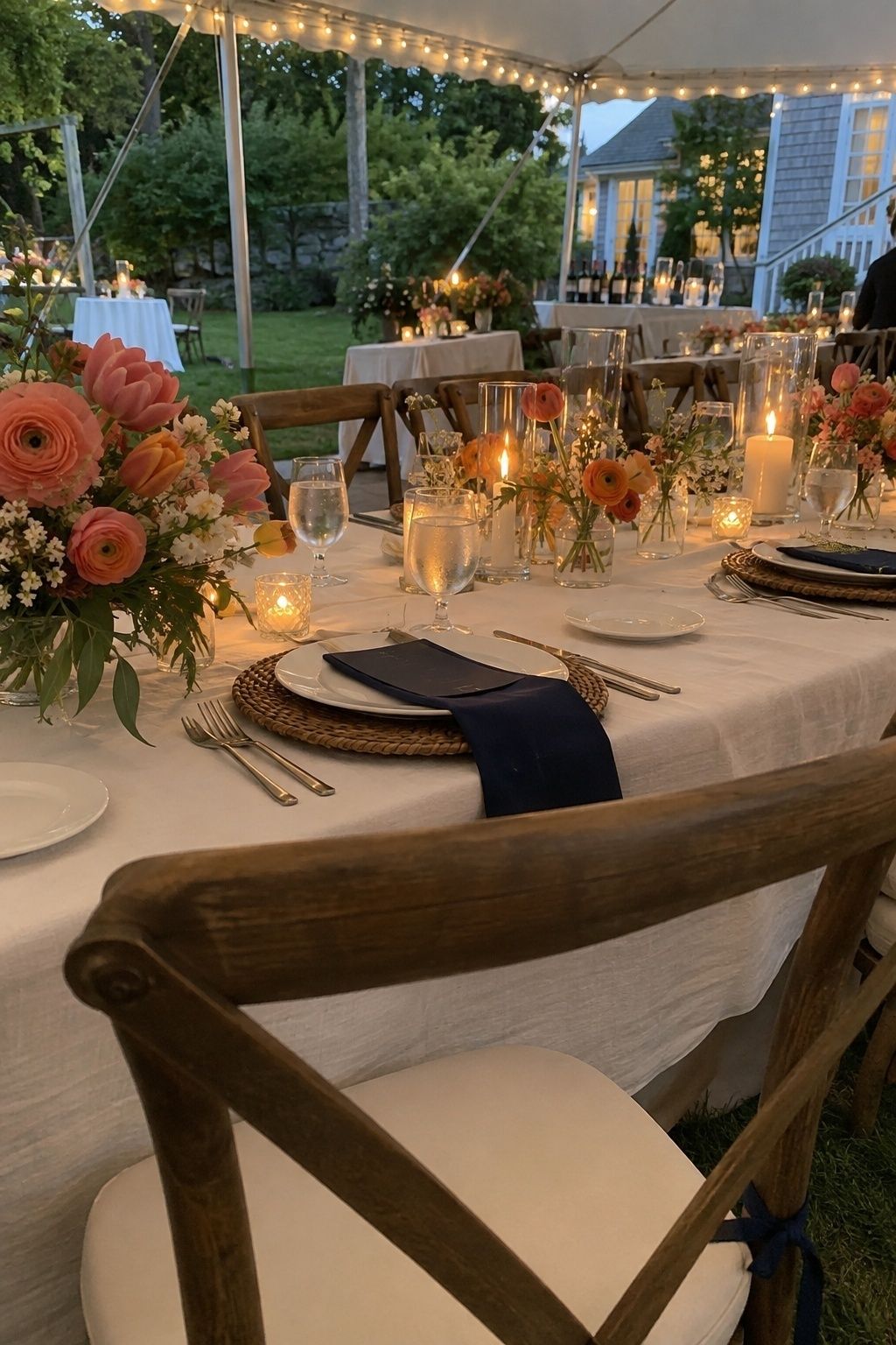 Coral, navy and ivory May wedding colours